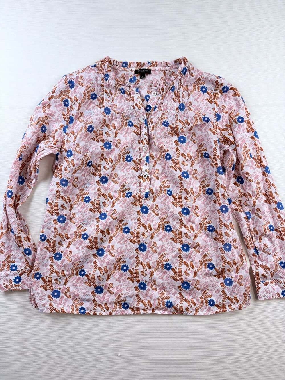 Talbots Petite Pink and Blue Floral Pintuck Long Sleeve Blouse